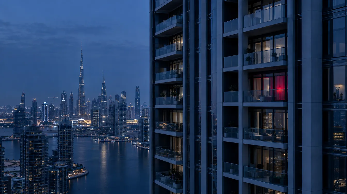 Façade d’une tour résidentielle à Dubaï à l’heure bleue, silhouette du Burj Khalifa au loin