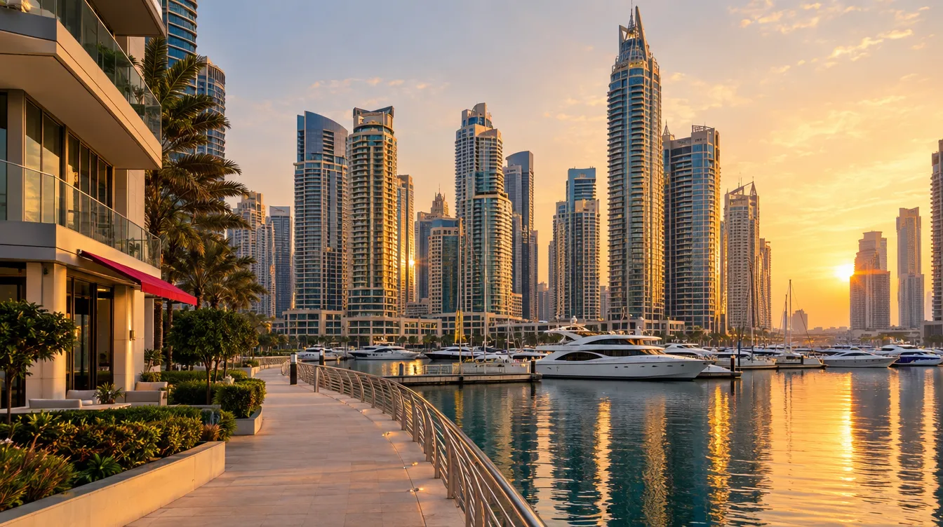 Promenade et tours résidentielles de Dubai Marina au lever du soleil