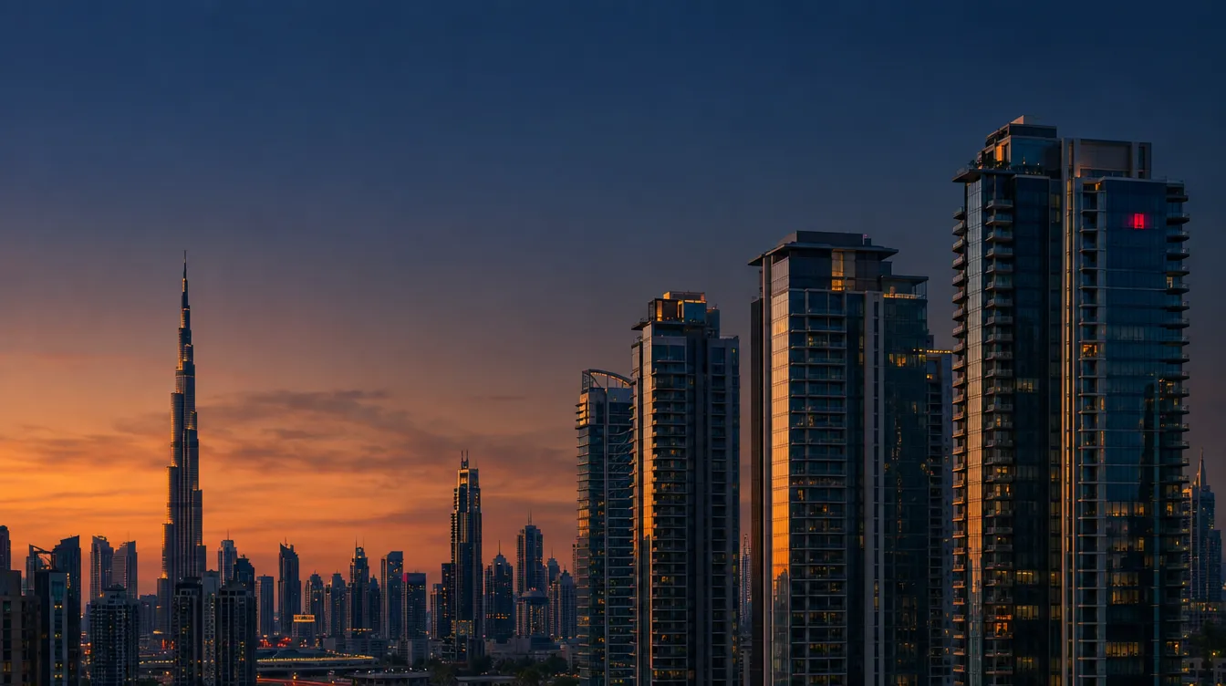 Skyline de Downtown Dubaï au coucher du soleil, silhouette du Burj Khalifa